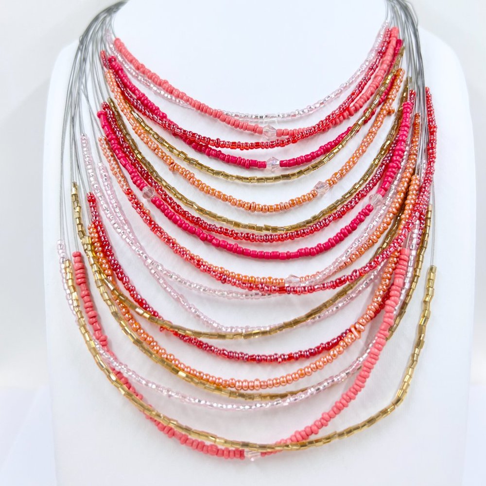 NWT - CJ & Banks - Coral & Pink Seed Bead Layered Silver Tone 18” Wire Necklace